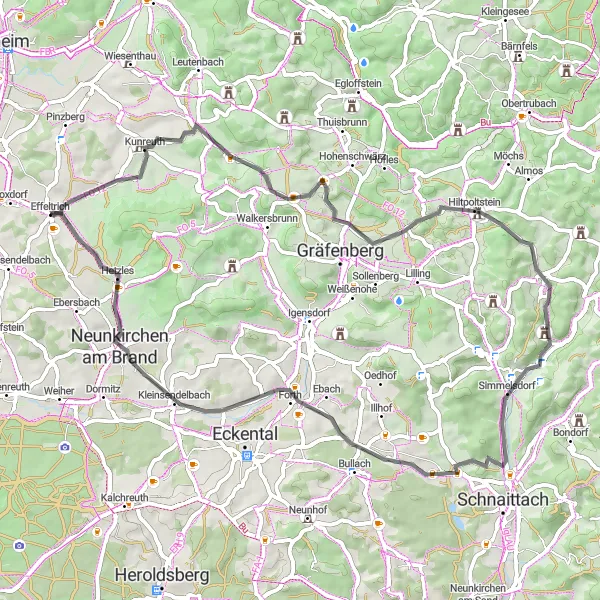 Map miniature of "Ermreus and Scenic Effeltrich Circuit" cycling inspiration in Oberfranken, Germany. Generated by Tarmacs.app cycling route planner