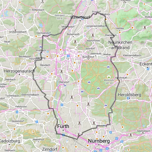 Karten-Miniaturansicht der Radinspiration "Rundtour durch die Natur um Effeltrich" in Oberfranken, Germany. Erstellt vom Tarmacs.app-Routenplaner für Radtouren