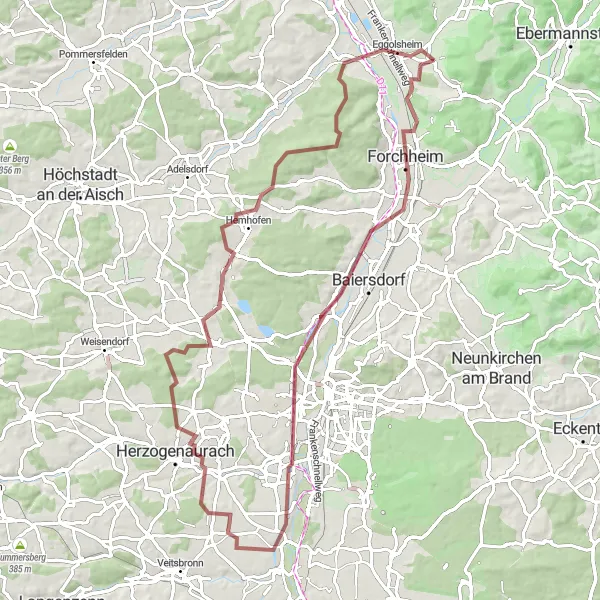 Map miniature of "Forchheim and Eichelberg Gravel Adventure" cycling inspiration in Oberfranken, Germany. Generated by Tarmacs.app cycling route planner