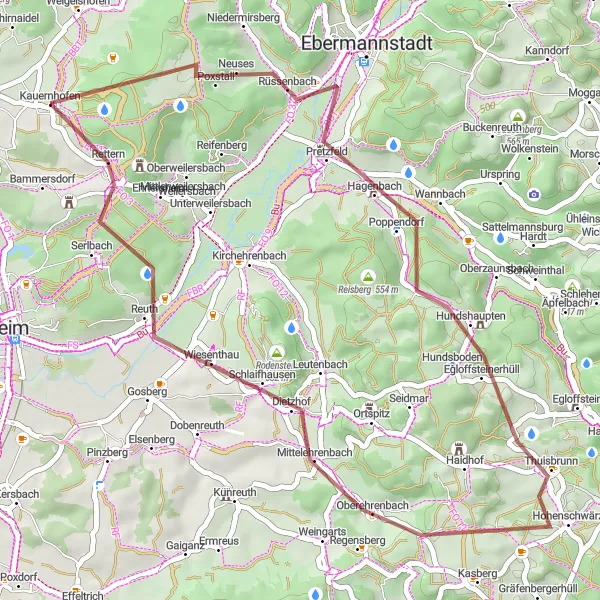 Map miniature of "The Charm of Wiesenthau" cycling inspiration in Oberfranken, Germany. Generated by Tarmacs.app cycling route planner