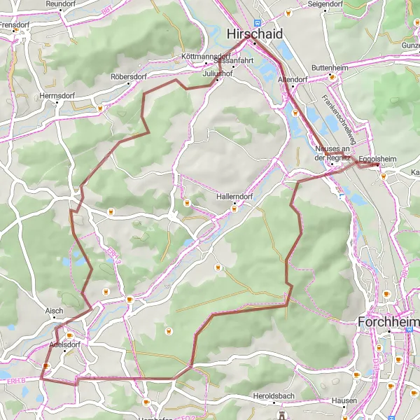 Karten-Miniaturansicht der Radinspiration "Gravel-Abenteuer rund um Hirschaid" in Oberfranken, Germany. Erstellt vom Tarmacs.app-Routenplaner für Radtouren