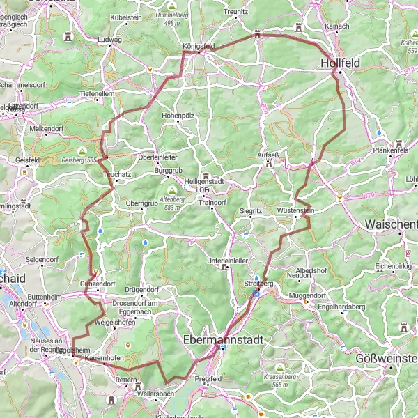 Map miniature of "Dragonerspitz and Königsfeld Gravel Route" cycling inspiration in Oberfranken, Germany. Generated by Tarmacs.app cycling route planner