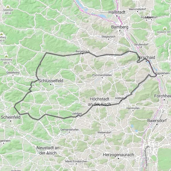 Karten-Miniaturansicht der Radinspiration "Hallerndorf und Burgwindheim Rundkurs" in Oberfranken, Germany. Erstellt vom Tarmacs.app-Routenplaner für Radtouren