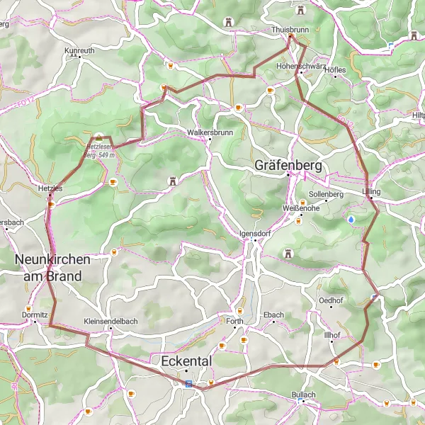 Karten-Miniaturansicht der Radinspiration "Historische Rundtour um Egloffstein - Lillinghof und Rangener Berg" in Oberfranken, Germany. Erstellt vom Tarmacs.app-Routenplaner für Radtouren