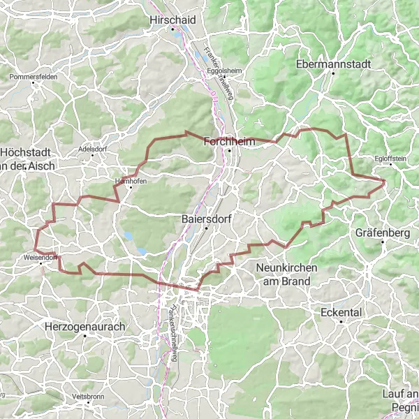 Map miniature of "Franconian Gravel Adventure" cycling inspiration in Oberfranken, Germany. Generated by Tarmacs.app cycling route planner