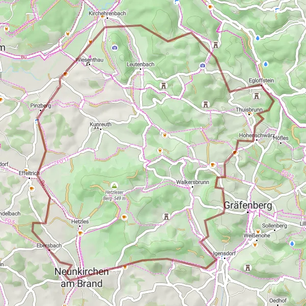 Karten-Miniaturansicht der Radinspiration "Entdeckungstour um Egloffstein - Gugel und Walberla" in Oberfranken, Germany. Erstellt vom Tarmacs.app-Routenplaner für Radtouren