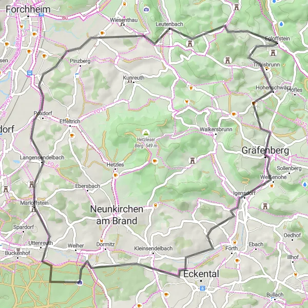 Map miniature of "Discover Quaint Towns and Scenic Wonders on a 60 km Road Cycling Tour" cycling inspiration in Oberfranken, Germany. Generated by Tarmacs.app cycling route planner