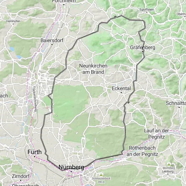 Karten-Miniaturansicht der Radinspiration "Rundweg Igensdorf - Haidhof" in Oberfranken, Germany. Erstellt vom Tarmacs.app-Routenplaner für Radtouren