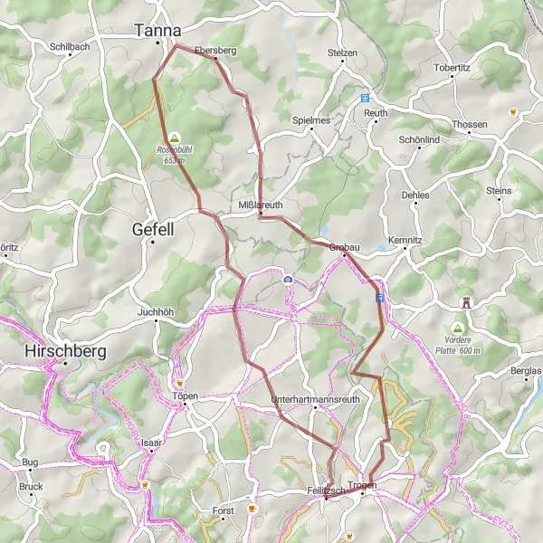 Map miniature of "Feilitzsch - Mühlberg - Gebersreuth - Tanna - Rothenacker - Trogen Loop" cycling inspiration in Oberfranken, Germany. Generated by Tarmacs.app cycling route planner