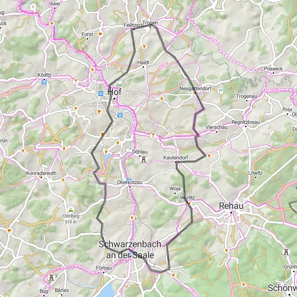 Map miniature of "Feilitzsch - Trogen - Schwarzenbach an der Saale - Fletschenreutherberg - Hof Loop" cycling inspiration in Oberfranken, Germany. Generated by Tarmacs.app cycling route planner