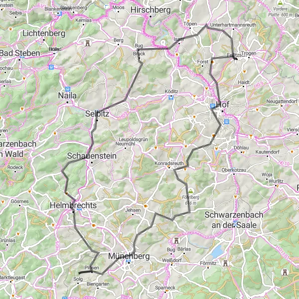 Map miniature of "Feilitzsch - Hof - Höferberg - Münchberg - Aussichtsturm Kirchberg - Schauenstein - Jean-Paul-Felsen - Töpen Loop" cycling inspiration in Oberfranken, Germany. Generated by Tarmacs.app cycling route planner