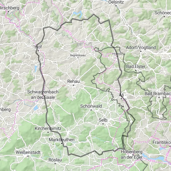 Karten-Miniaturansicht der Radinspiration "Abenteuerliche Tour durch Trogen und Aš" in Oberfranken, Germany. Erstellt vom Tarmacs.app-Routenplaner für Radtouren