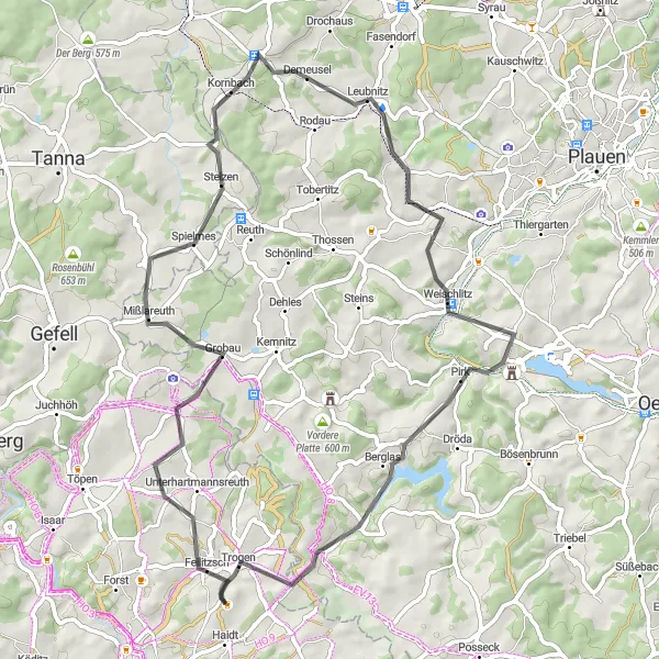 Karten-Miniaturansicht der Radinspiration "Vogtland Runde von Feilitzsch" in Oberfranken, Germany. Erstellt vom Tarmacs.app-Routenplaner für Radtouren
