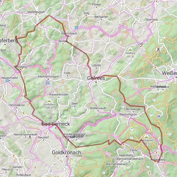 Map miniature of "The Gravel Discovery" cycling inspiration in Oberfranken, Germany. Generated by Tarmacs.app cycling route planner