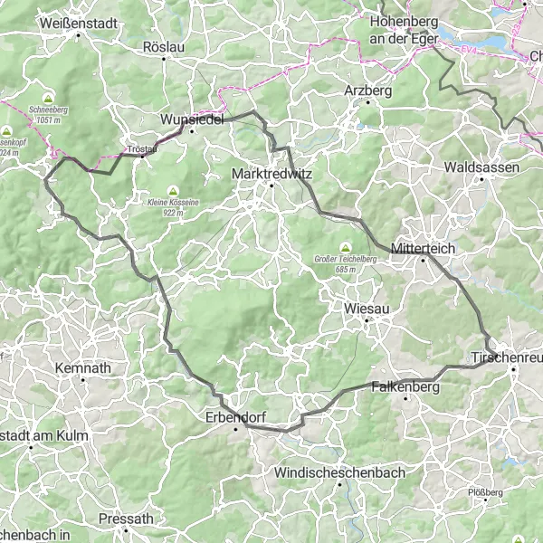 Map miniature of "Fichtelberg - Wunsiedel Round-Trip" cycling inspiration in Oberfranken, Germany. Generated by Tarmacs.app cycling route planner