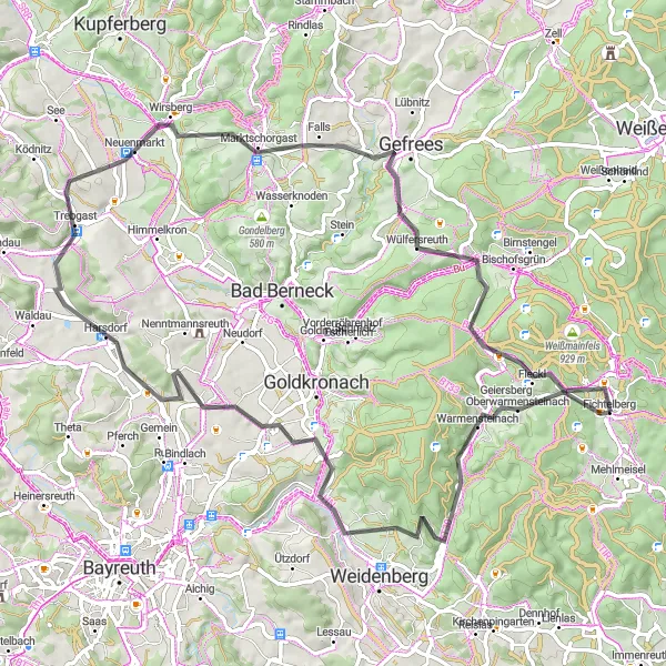 Karten-Miniaturansicht der Radinspiration "Tour de Fichtelberg und Umgebung" in Oberfranken, Germany. Erstellt vom Tarmacs.app-Routenplaner für Radtouren