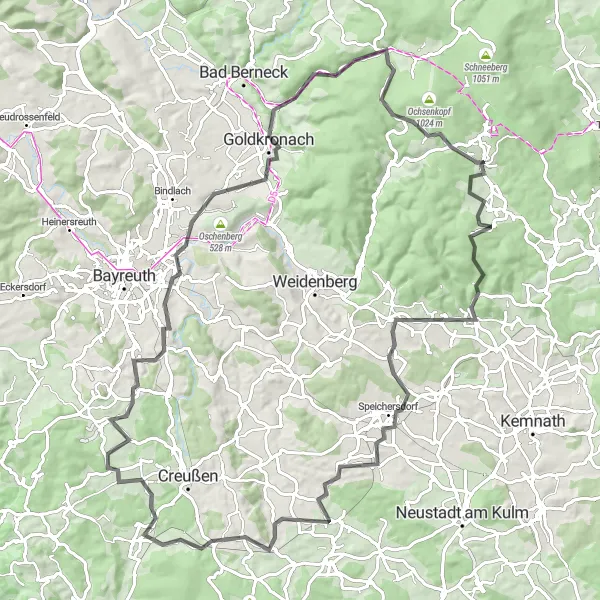 Map miniature of "The Road Warrior" cycling inspiration in Oberfranken, Germany. Generated by Tarmacs.app cycling route planner