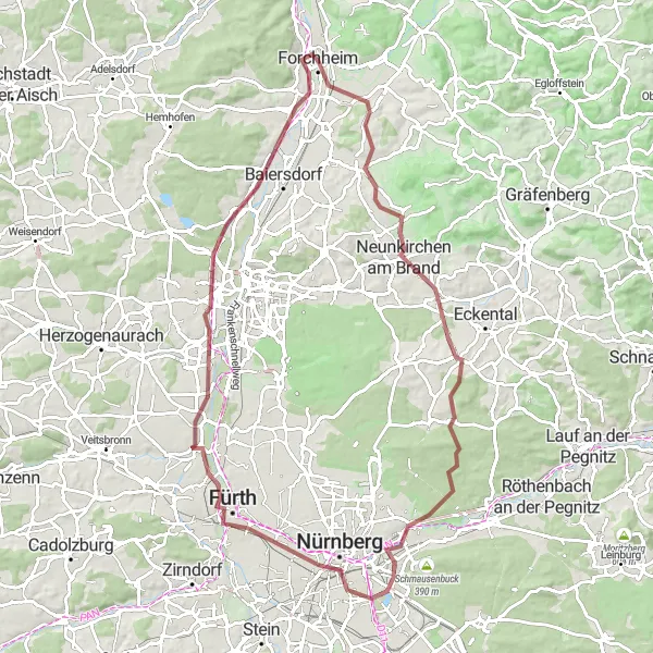 Map miniature of "Gravel Adventure to Forchheim and Beyond" cycling inspiration in Oberfranken, Germany. Generated by Tarmacs.app cycling route planner