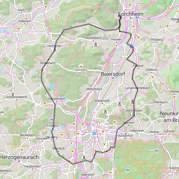 Map miniature of "Challenging Road Cycling Tour" cycling inspiration in Oberfranken, Germany. Generated by Tarmacs.app cycling route planner