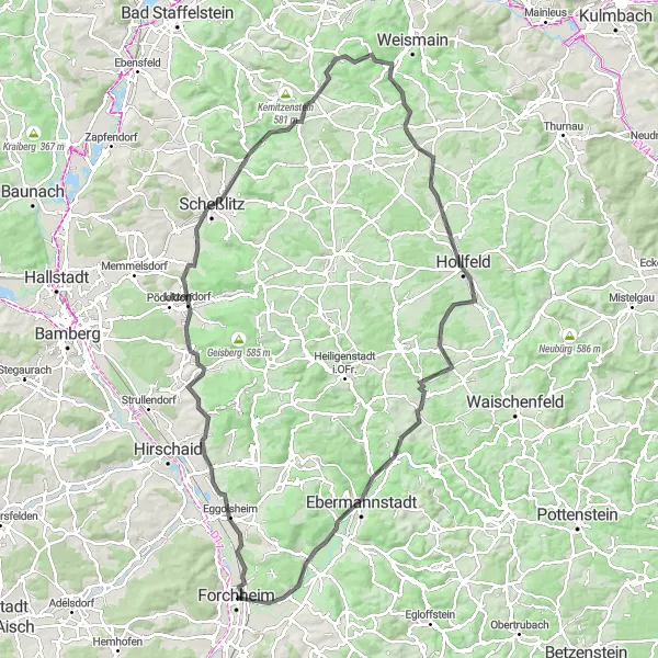 Karten-Miniaturansicht der Radinspiration "Herausfordernde Route nach Ebermannstadt und Hollfeld" in Oberfranken, Germany. Erstellt vom Tarmacs.app-Routenplaner für Radtouren