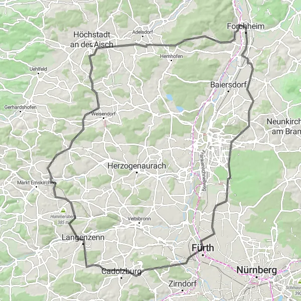 Map miniature of "Forchheim to Forth and Cadolzburg Loop" cycling inspiration in Oberfranken, Germany. Generated by Tarmacs.app cycling route planner