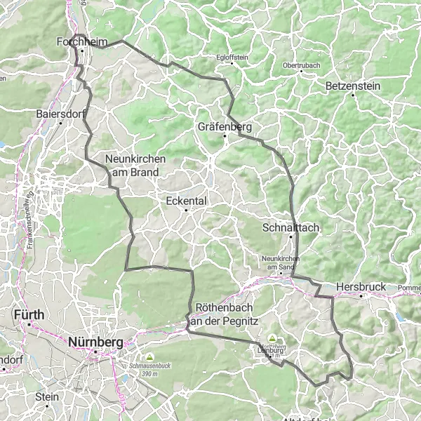 Karten-Miniaturansicht der Radinspiration "Herausfordernde Mittelfranken-Tour" in Oberfranken, Germany. Erstellt vom Tarmacs.app-Routenplaner für Radtouren