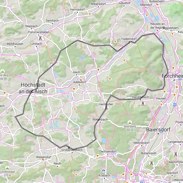 Map miniature of "Exploring Heroldsbach and Kirchberg" cycling inspiration in Oberfranken, Germany. Generated by Tarmacs.app cycling route planner