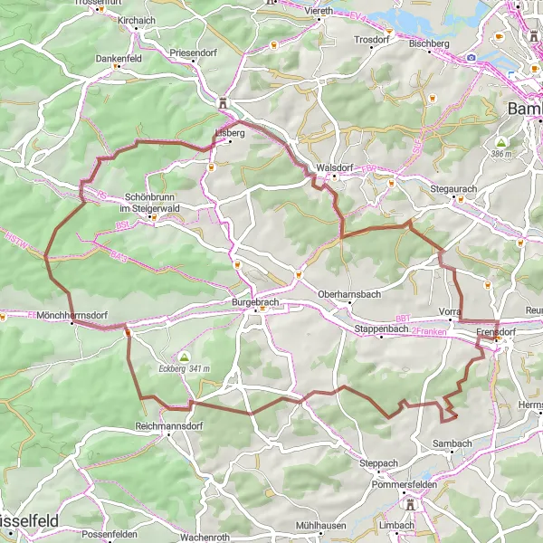 Map miniature of "The Gravel Challenge" cycling inspiration in Oberfranken, Germany. Generated by Tarmacs.app cycling route planner