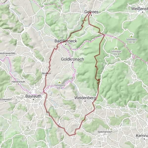 Map miniature of "Rugged Gravel Ride through Bavaria" cycling inspiration in Oberfranken, Germany. Generated by Tarmacs.app cycling route planner