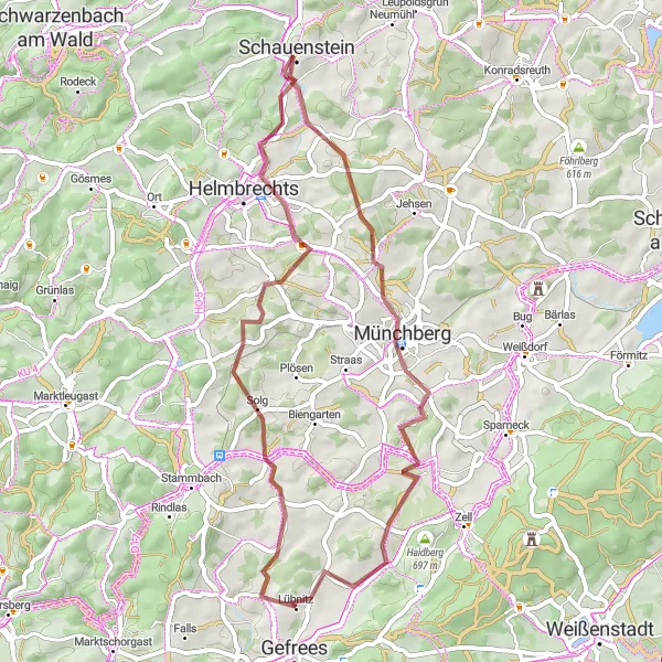 Map miniature of "Scenic Gravel Tour near Gefrees" cycling inspiration in Oberfranken, Germany. Generated by Tarmacs.app cycling route planner