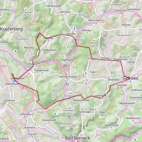 Map miniature of "Gefrees to Gefrees Gravel Route" cycling inspiration in Oberfranken, Germany. Generated by Tarmacs.app cycling route planner
