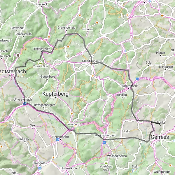 Map miniature of "Goldberg Loop Road Route" cycling inspiration in Oberfranken, Germany. Generated by Tarmacs.app cycling route planner