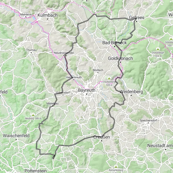 Map miniature of "Bavarian Adventure Road Cycling Route" cycling inspiration in Oberfranken, Germany. Generated by Tarmacs.app cycling route planner