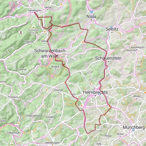 Map miniature of "Nature Lover's Gravel Adventure" cycling inspiration in Oberfranken, Germany. Generated by Tarmacs.app cycling route planner