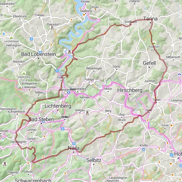 Karten-Miniaturansicht der Radinspiration "Gravel-Rundfahrt um Geroldsgrün" in Oberfranken, Germany. Erstellt vom Tarmacs.app-Routenplaner für Radtouren