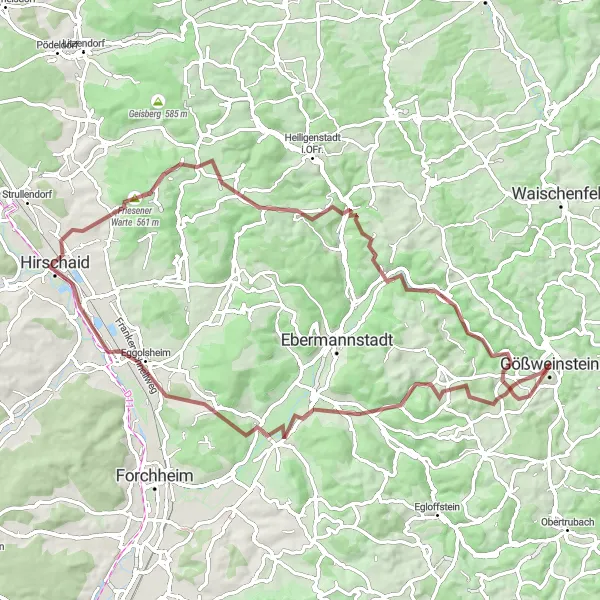 Map miniature of "Idyllic Gravel Ride in Franconia" cycling inspiration in Oberfranken, Germany. Generated by Tarmacs.app cycling route planner