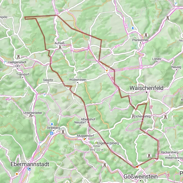 Karten-Miniaturansicht der Radinspiration "Rundtour über 51 km mit dem Gravelbike in der Nähe von Gößweinstein" in Oberfranken, Germany. Erstellt vom Tarmacs.app-Routenplaner für Radtouren