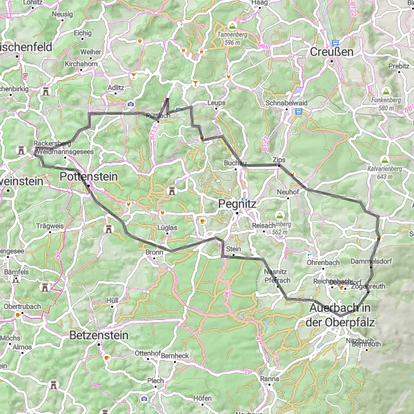Karten-Miniaturansicht der Radinspiration "Bergtour nach Auerbach" in Oberfranken, Germany. Erstellt vom Tarmacs.app-Routenplaner für Radtouren