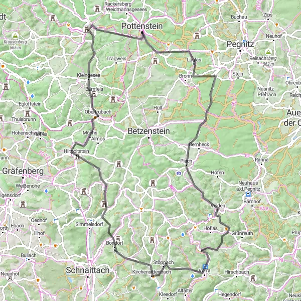 Map miniature of "The Franconian Rollercoaster" cycling inspiration in Oberfranken, Germany. Generated by Tarmacs.app cycling route planner