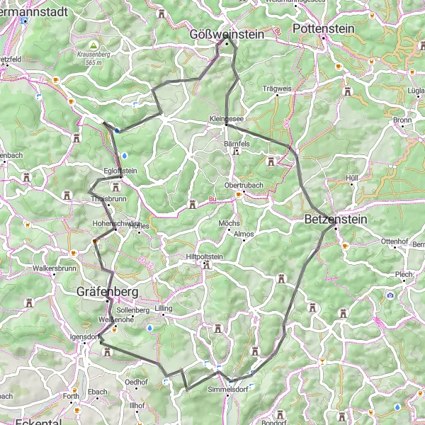 Karten-Miniaturansicht der Radinspiration "Rundtour über 63 km mit dem Rennrad in der Nähe von Gößweinstein" in Oberfranken, Germany. Erstellt vom Tarmacs.app-Routenplaner für Radtouren