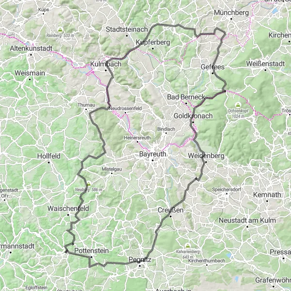 Karten-Miniaturansicht der Radinspiration "Rundtour über 169 km mit dem Rennrad in der Nähe von Gößweinstein" in Oberfranken, Germany. Erstellt vom Tarmacs.app-Routenplaner für Radtouren