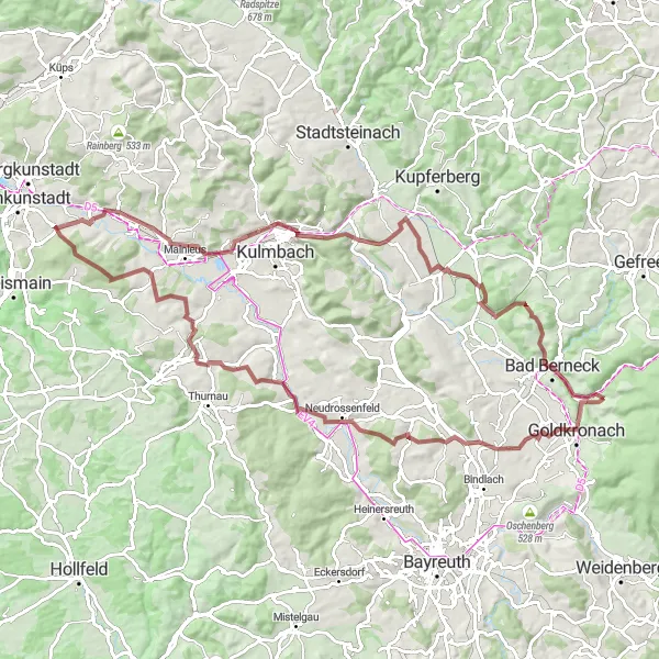 Map miniature of "Gravel Adventure through the Foothills of Goldkronach" cycling inspiration in Oberfranken, Germany. Generated by Tarmacs.app cycling route planner