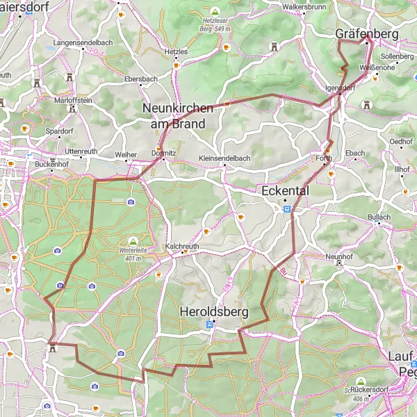 Map miniature of "Gräfenberg Gravel Adventure" cycling inspiration in Oberfranken, Germany. Generated by Tarmacs.app cycling route planner