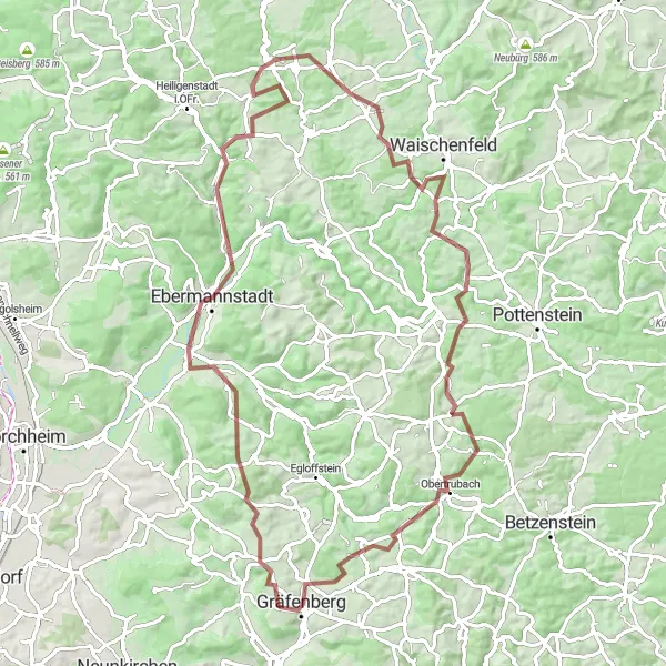 Map miniature of "Karst Landscape Gravel Challenge" cycling inspiration in Oberfranken, Germany. Generated by Tarmacs.app cycling route planner