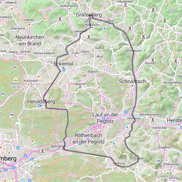 Map miniature of "From Gräfenberg to Weißenohe and back" cycling inspiration in Oberfranken, Germany. Generated by Tarmacs.app cycling route planner