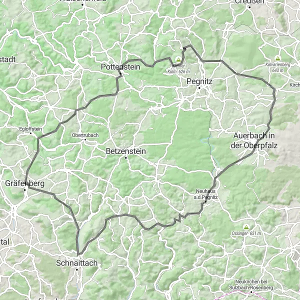 Map miniature of "Scenic adventure through Signalstein and Simmelsdorf" cycling inspiration in Oberfranken, Germany. Generated by Tarmacs.app cycling route planner