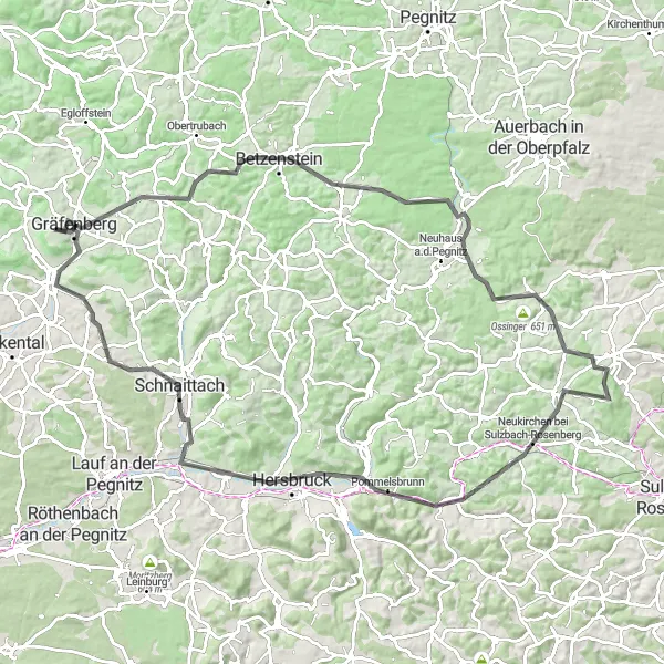 Map miniature of "Adventure through Hiltpoltstein and Betzenstein" cycling inspiration in Oberfranken, Germany. Generated by Tarmacs.app cycling route planner