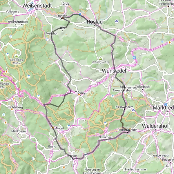 Map miniature of "Grub to Wunsiedel Road Route" cycling inspiration in Oberfranken, Germany. Generated by Tarmacs.app cycling route planner