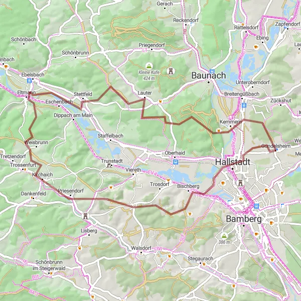 Map miniature of "Bischberg and Beyond" cycling inspiration in Oberfranken, Germany. Generated by Tarmacs.app cycling route planner