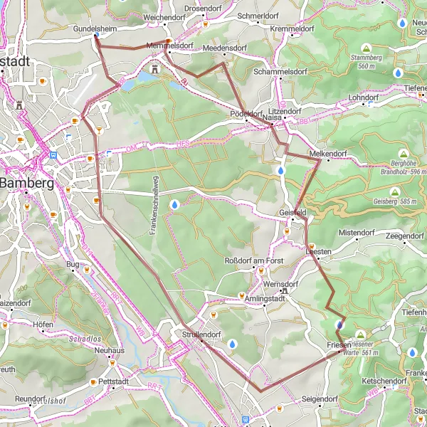 Karten-Miniaturansicht der Radinspiration "Gemütliche Gravel-Tour durch Memmelsdorf und Friesener Warte" in Oberfranken, Germany. Erstellt vom Tarmacs.app-Routenplaner für Radtouren